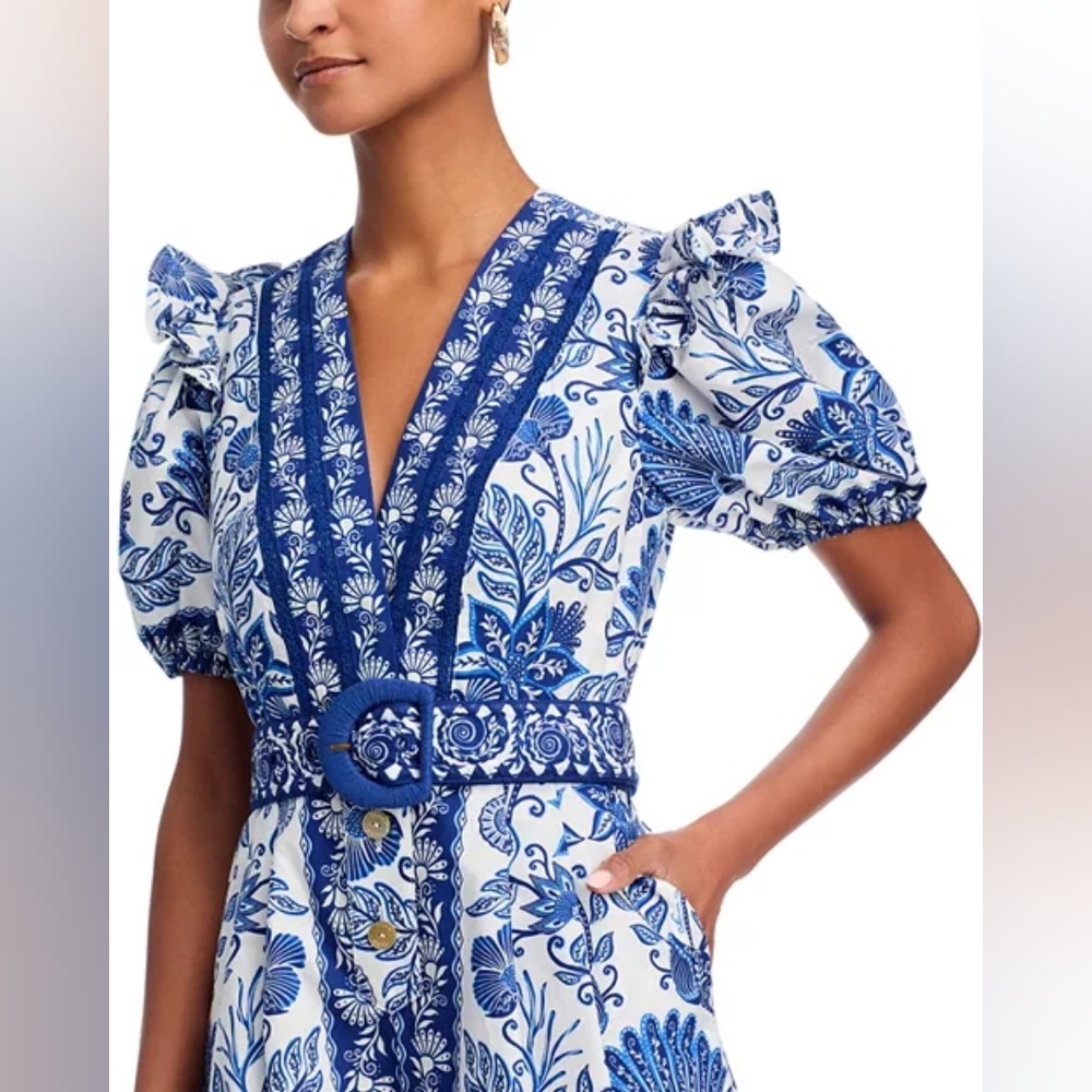 NEW FARM Rio blue & off-white shell garden 100% organic cotton Romper Size Small - Picture 4 of 13